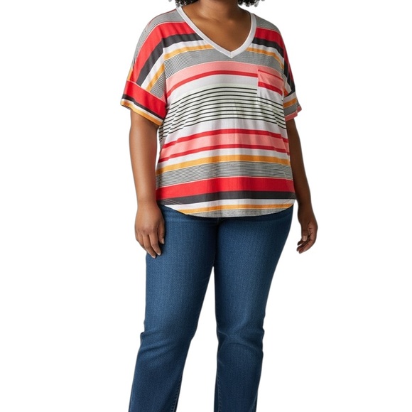 Two Casual V-Neck Short Sleeve Pullover Mulitcolor Striped Tops - NWOT - Picture 3 of 8